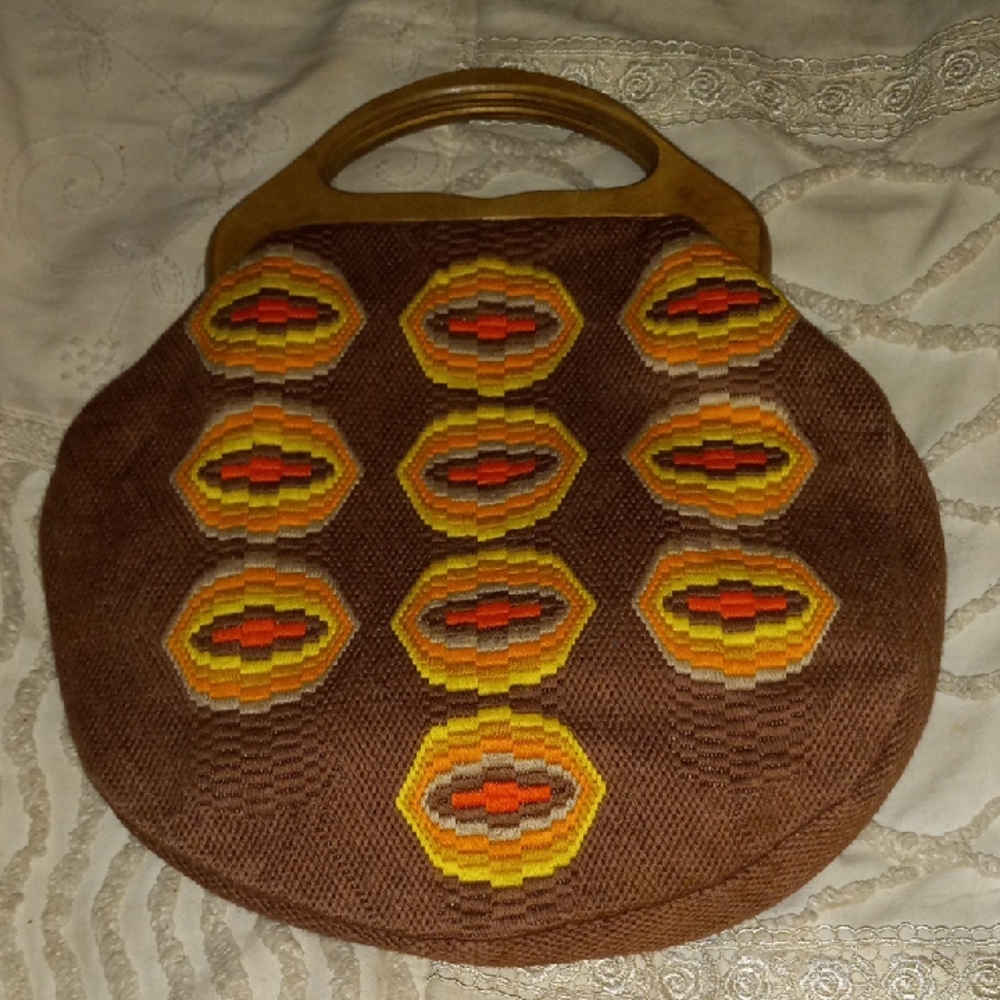 Vintage Crochet Brown, Orange and Yellow Clutch Handbag Purse Made in USA